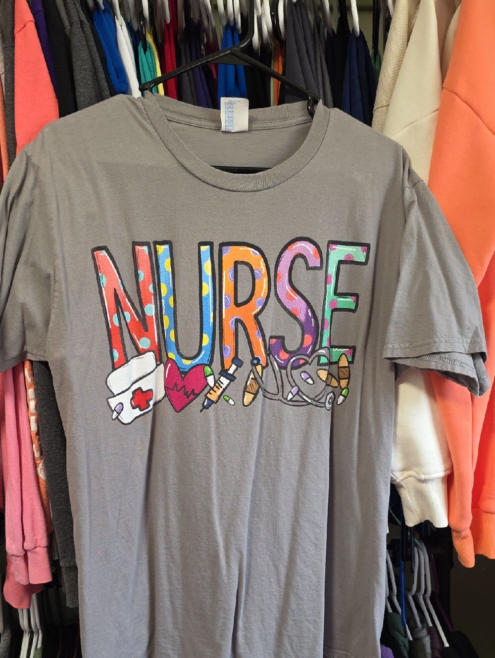 Gray 'NURSE' Graphic Tee with Colorful Medical Icons